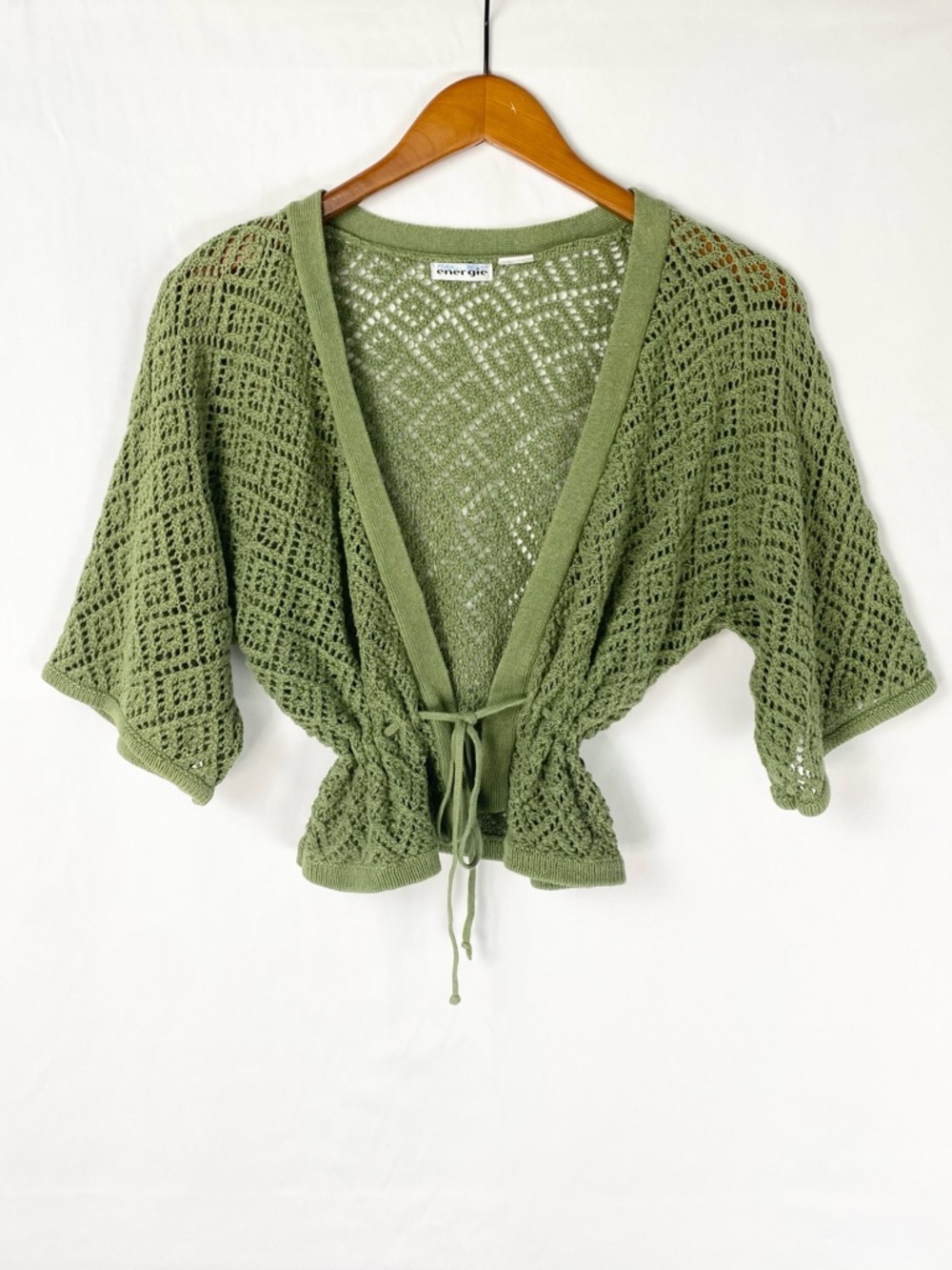 Y2K Energie Crochet Short Sleeve Cardigan Tie Green V Neck